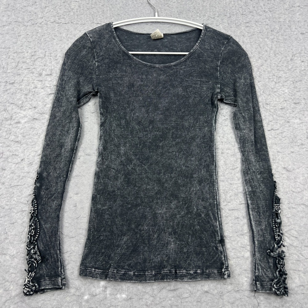 American Age Top Shirt‎ Women's Small Black Mineral Wash Rib Knit Slim Y2K Lace